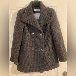 Calvin Klein Classic Textured Gray Pea Coat Silver Buttons Size S